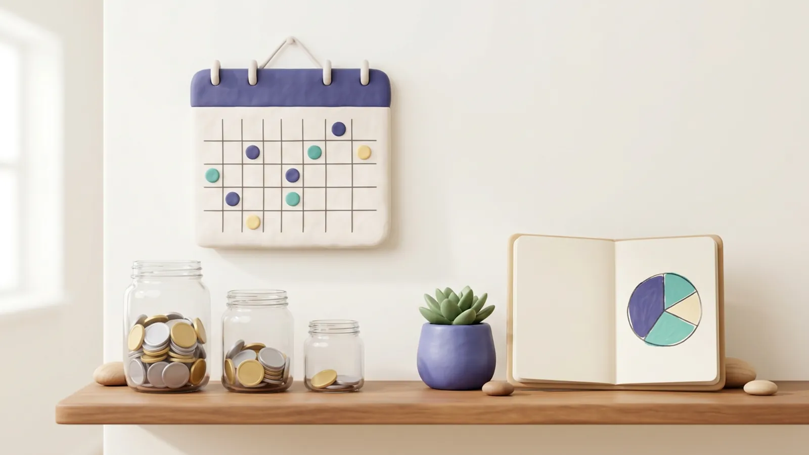 Календарь, три банки с монетами разной высоты и блокнот с круговой диаграммой